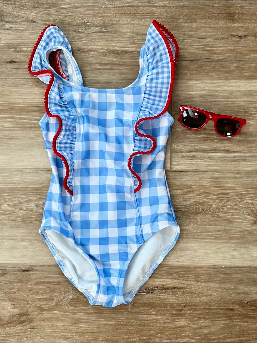 Cat & Jack Blue Gingham One-Piece Swimsuit with Red Trim